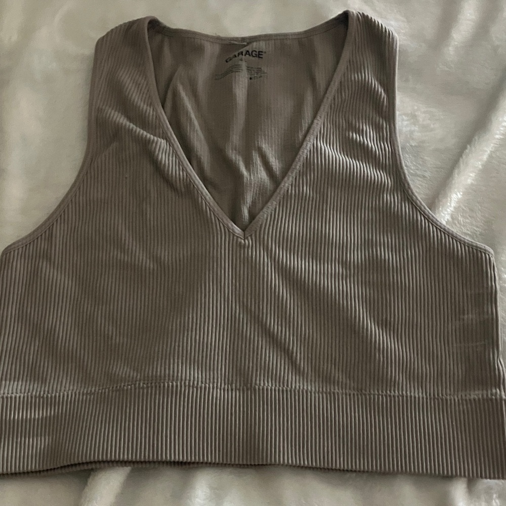 Garage Taupe Ribbed V-Neck Crop Top